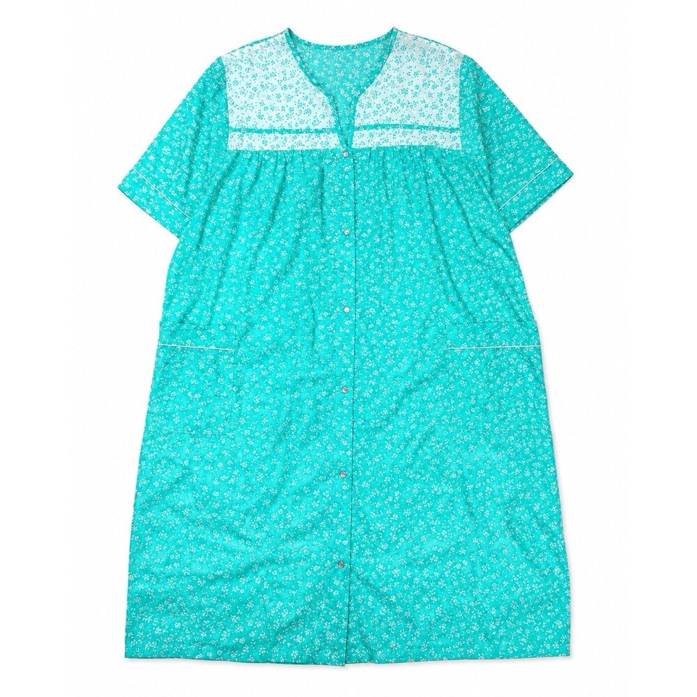 Vintage Just For Women 3X House Dress Aqua Floral Pearl Snap Duster Pockets